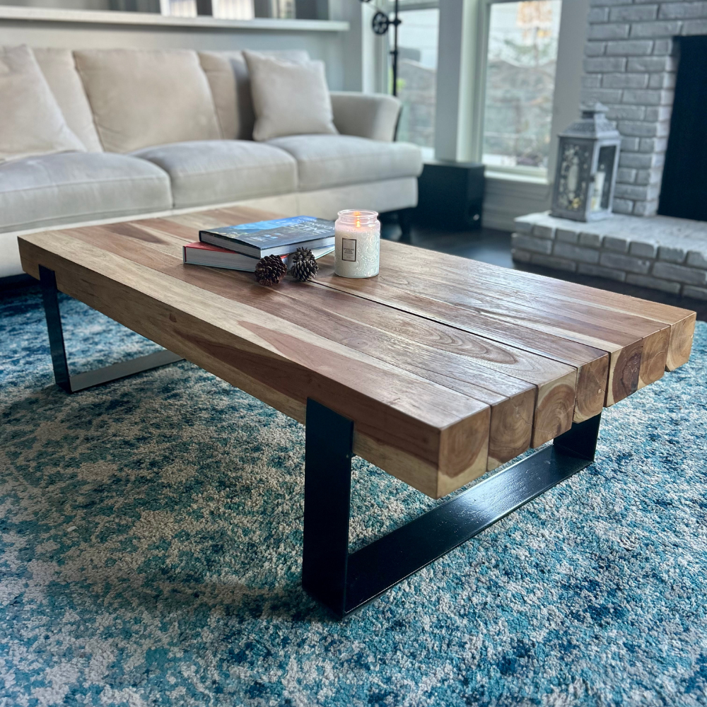 Reclaimed Teak Wood Coffee Table with Metal Base – Sustainable Accent Table