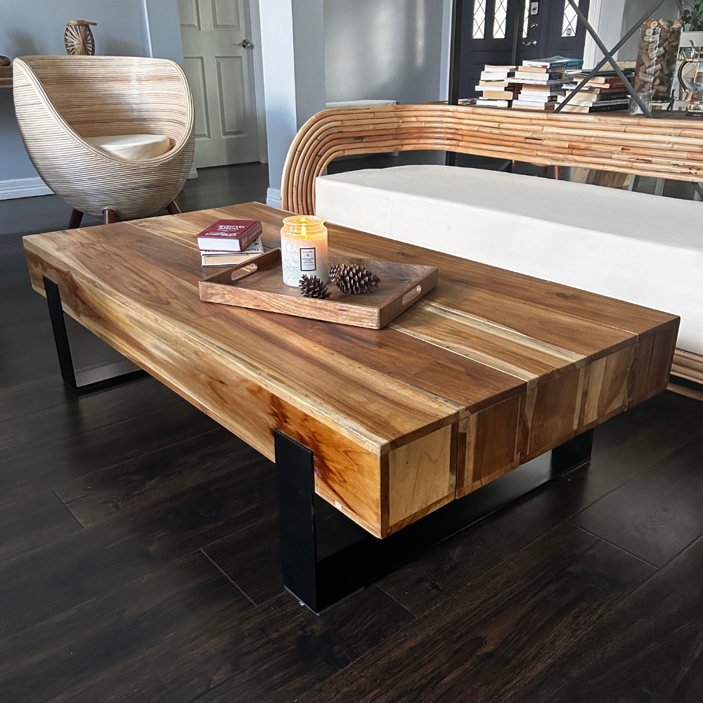 Teak Wood Coffee Table with Metal Base – Hollow Log Design – SpencerAbbadie