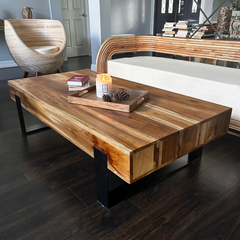 Teak Wood Coffee Table with Metal Base – Hollow Log Design