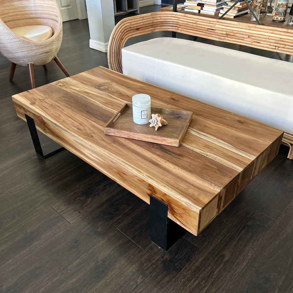Teak Wood Coffee Table with Metal Base – Hollow Log Design – SpencerAbbadie