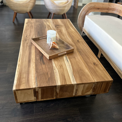 Teak Wood Coffee Table with Metal Base – Hollow Log Design