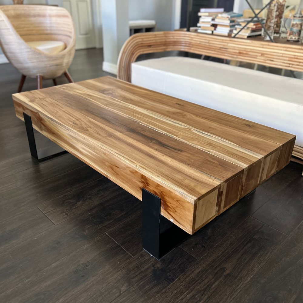 Teak Wood Coffee Table with Metal Base – Hollow Log Design – SpencerAbbadie