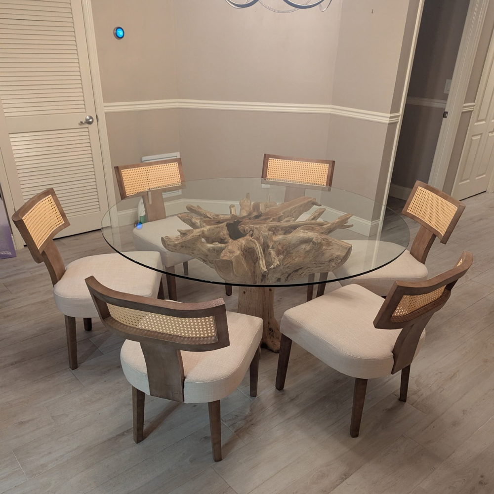 Teak Root Dining Table with Round Tempered Glass Top – SpencerAbbadie