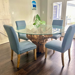 Teak Root Dining Table with Round 60" Tempered Glass Top