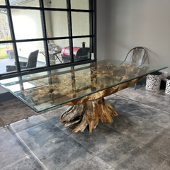 Stunning Teak Root Base Dining Table with Modern Tempered Glass Top