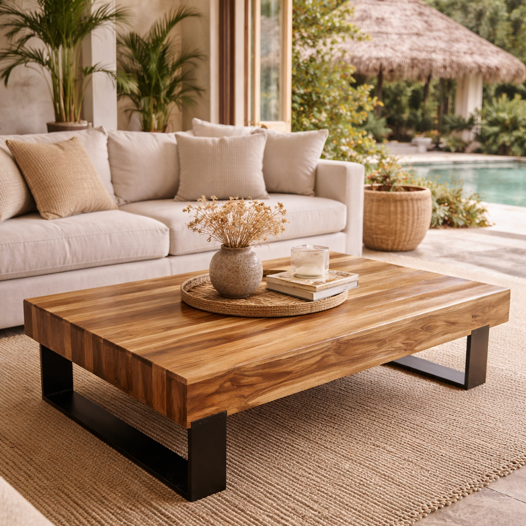Teak Wood Coffee Table with Metal Base – Hollow Log Design