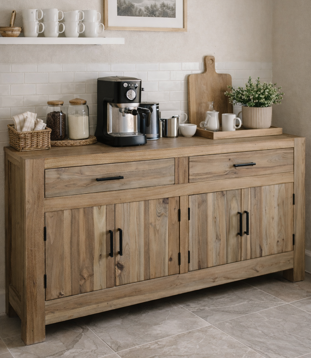 Wooden sideboard in a kitchen with various items on top
