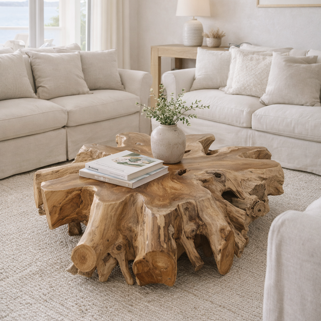 A rustic natural wood coffee table with a live-edge bark design sits in a bright, modern living room with white sofas and a neutral rug.