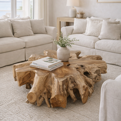 A rustic natural wood coffee table with a live-edge bark design sits in a bright, modern living room with white sofas and a neutral rug.