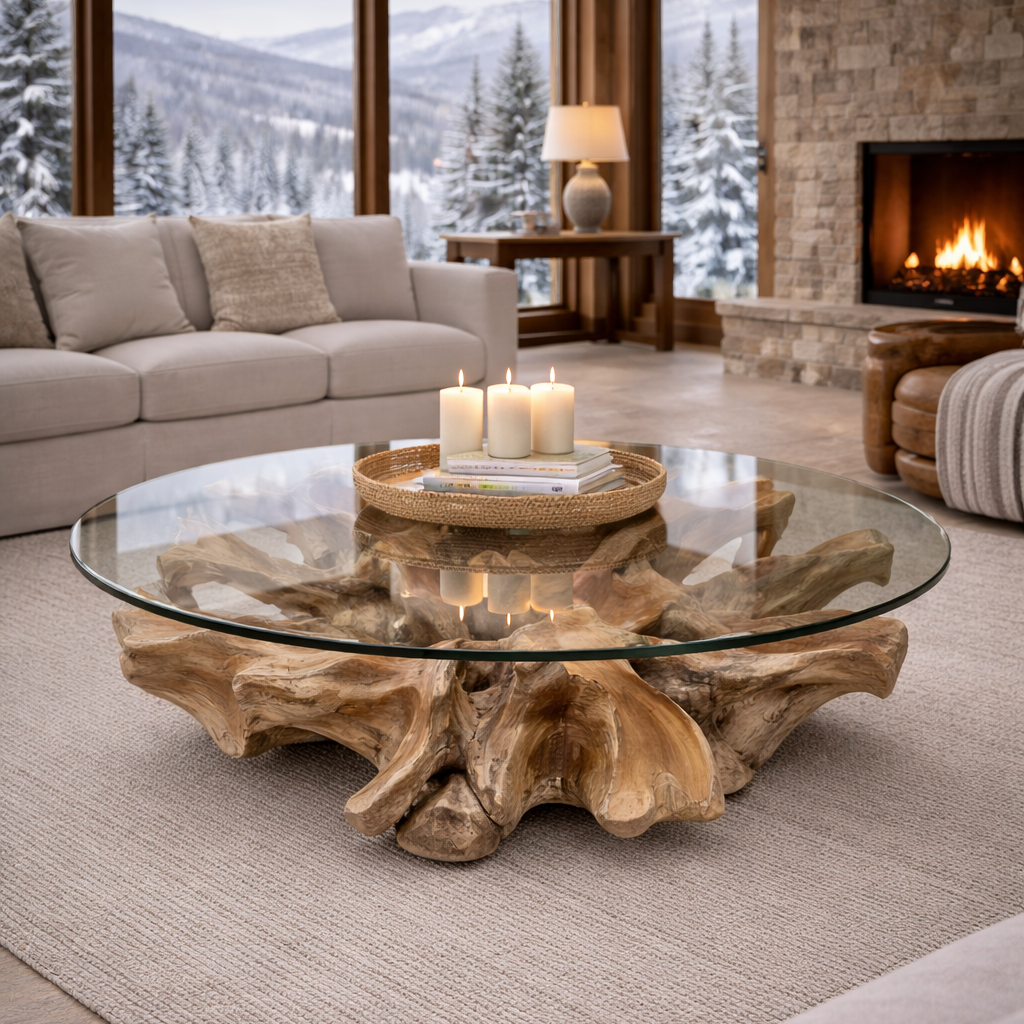 Handcrafted Teak Root Coffee Table with Round Glass Top