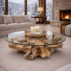 Handcrafted Teak Root Coffee Table with Round Glass Top