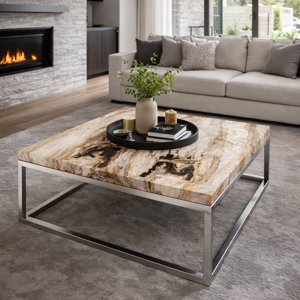 Modern living room with a stone-patterned coffee table, gray sofa, and fireplace.