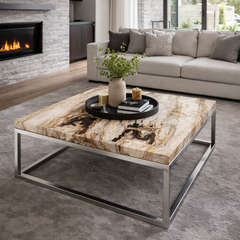 Modern living room with a stone-patterned coffee table, gray sofa, and fireplace.