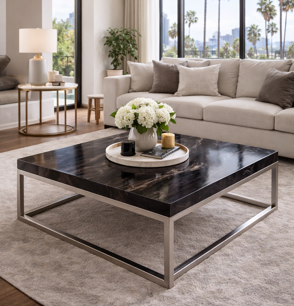 Modern living room with a black marble coffee table, gray sectional sofa, and large windows.