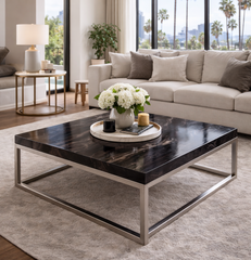 Modern living room with a black marble coffee table, gray sectional sofa, and large windows.