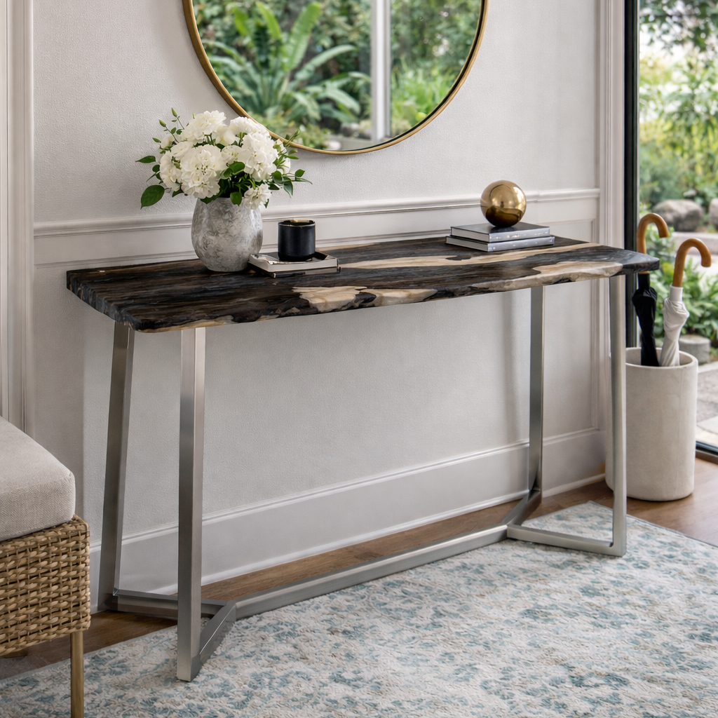 Console table with decorative items in a room with a large window and greenery outside