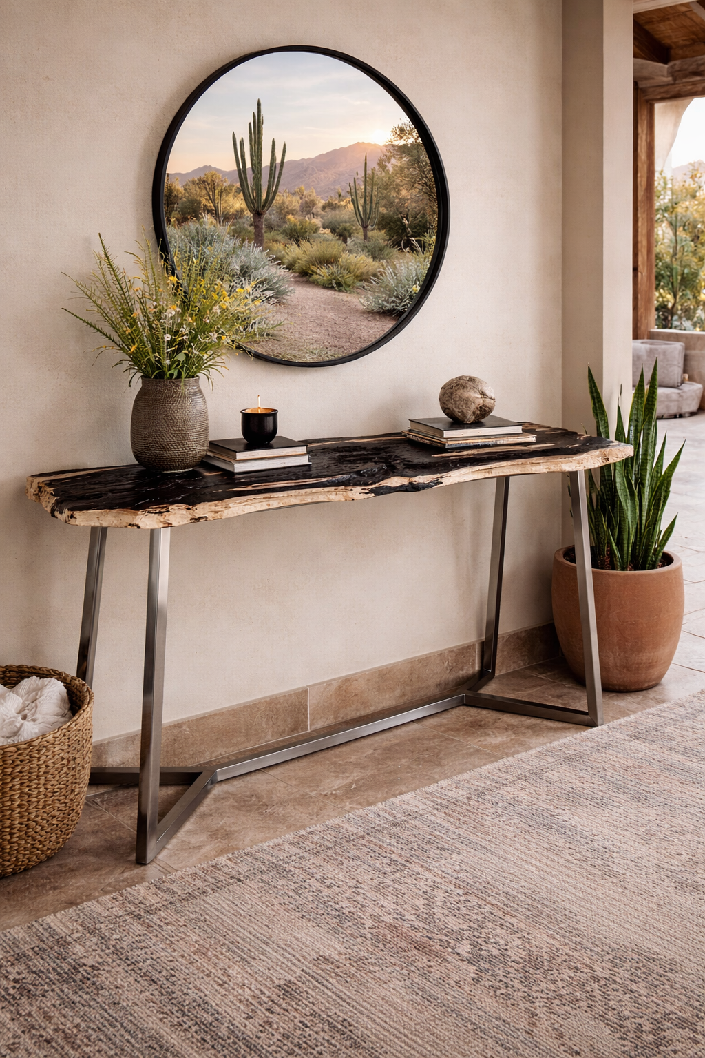 Console table with decorative items in a room with a desert landscape mirror on the wall.