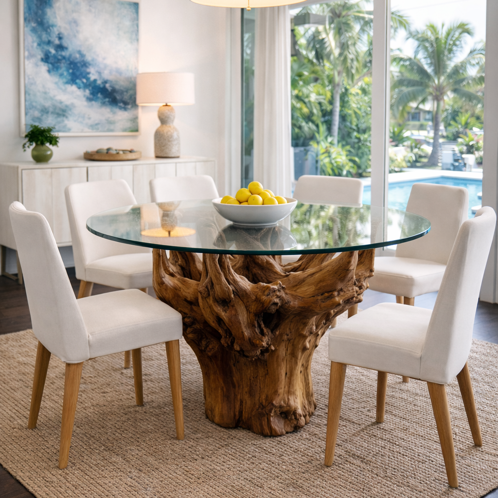 Dining room with a glass table on a wooden base, white chairs, and a view of a pool and trees.