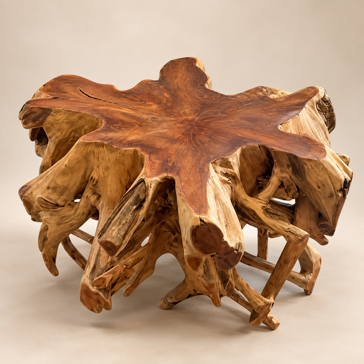 A rustic coffee table made from natural driftwood or tree roots, featuring a highly polished, star-shaped top with rich brown wood grain and a complex, organic base of branching roots, photographed on a neutral beige studio background.