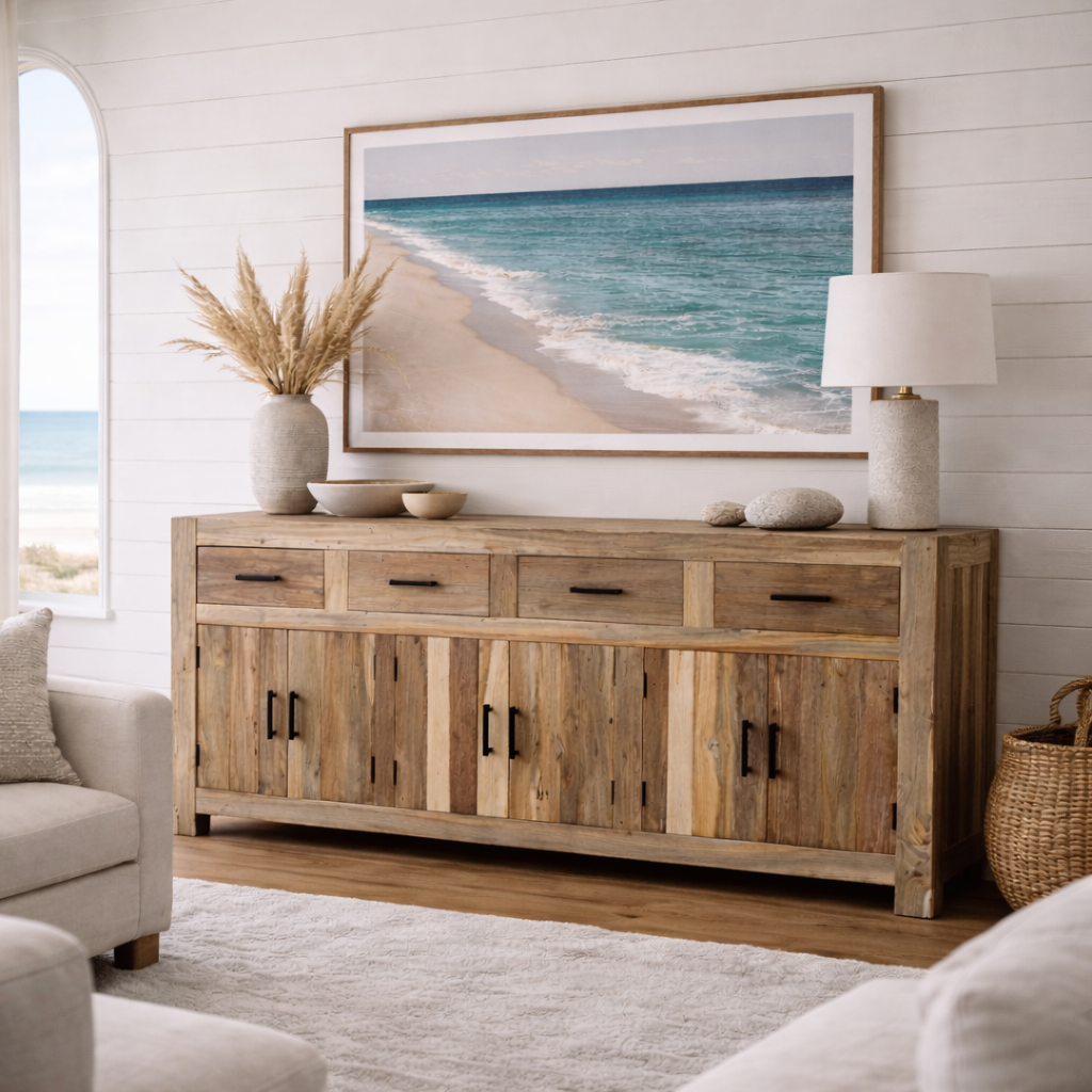 Wooden sideboard in a living room with a beach scene painting above it.