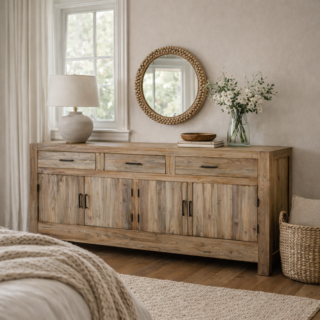 Wooden sideboard in a bedroom with a mirror and lamp