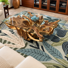 Rectangular Teak Root Coffee Table with Glass Top