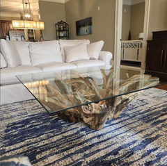 Rectangular Teak Root Coffee Table with Glass Top