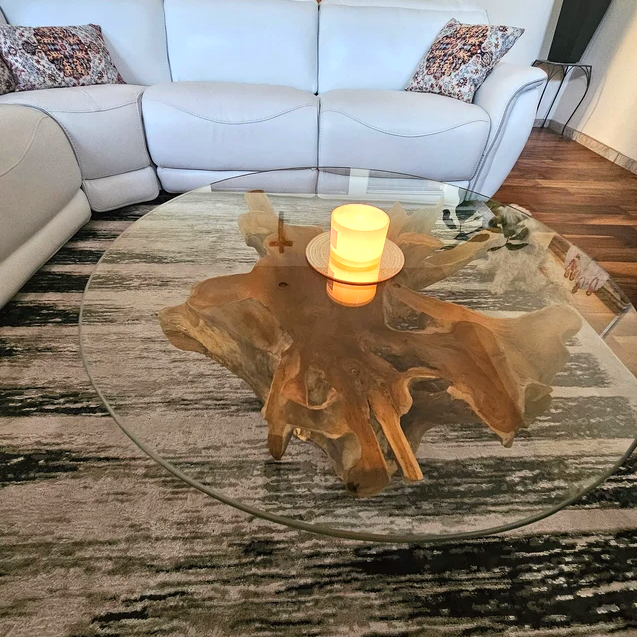 Teak Root Coffee Table with Glass Round Top | Handcrafted – SpencerAbbadie