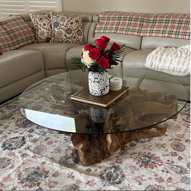 Teak Root Coffee Table with Glass Round Top | Handcrafted – SpencerAbbadie