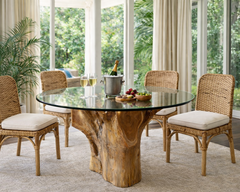 Teak Root Dining Table with Round Tempered Glass Top
