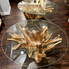 Teak Root Coffee Table with Round Glass Top