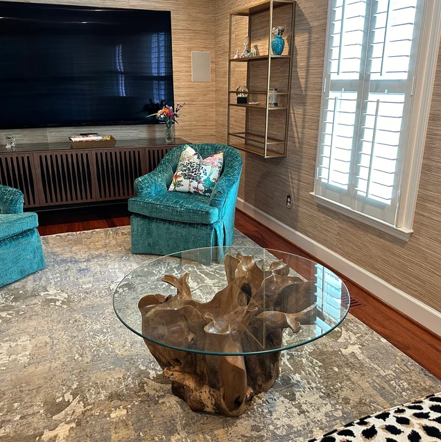 Teak Root Coffee Table with Glass Round Top | Handcrafted – SpencerAbbadie