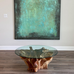 Teak Root Coffee Table with Round Glass Top