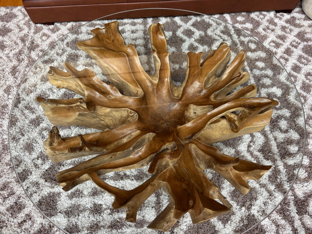 Teak Root Coffee Table with Glass Round Top | Handcrafted – SpencerAbbadie
