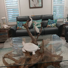 Rectangular Teak Root Coffee Table with Glass Top