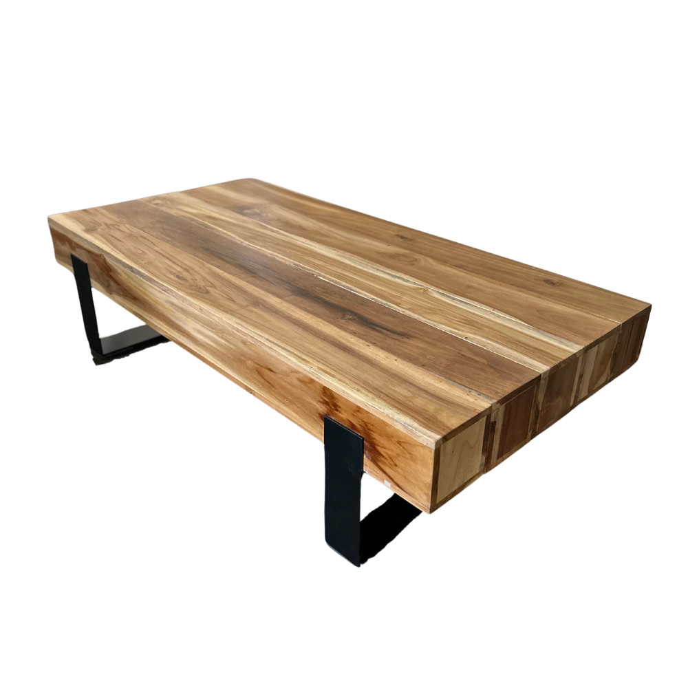 Teak Wood Coffee Table with Metal Base – Hollow Log Design